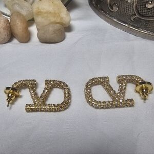 Valentino Beauty Gold And Crystal Logo Earrings NEW Stamped